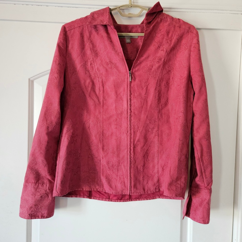 Faux Suede Full Zip Jacket Size Large Pink Floral Softgirl Feminine Croft Barrow